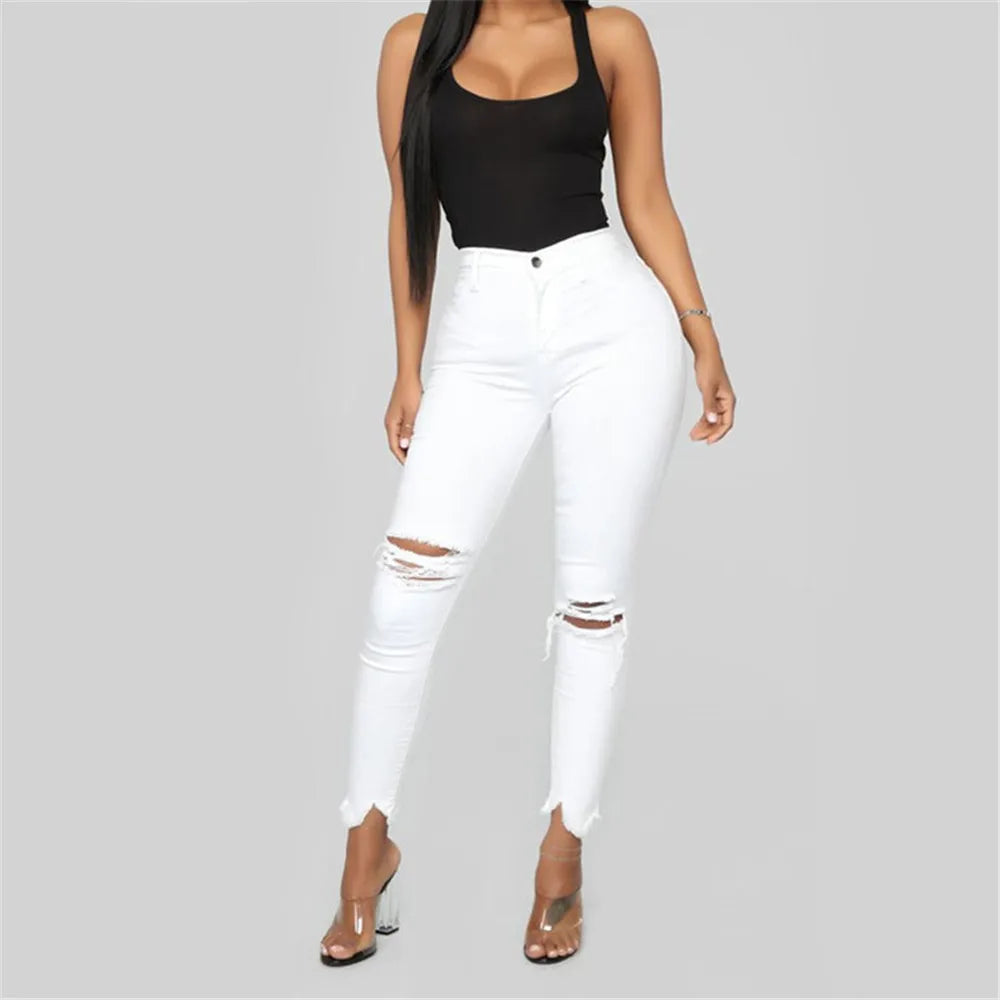 Black and White Ripped Jeans For women Slim denim Jeans Casual Skinny