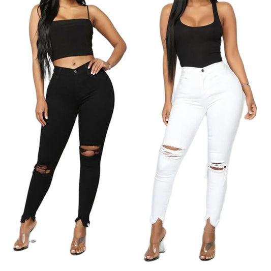 Black and White Ripped Jeans For women Slim denim Jeans Casual Skinny