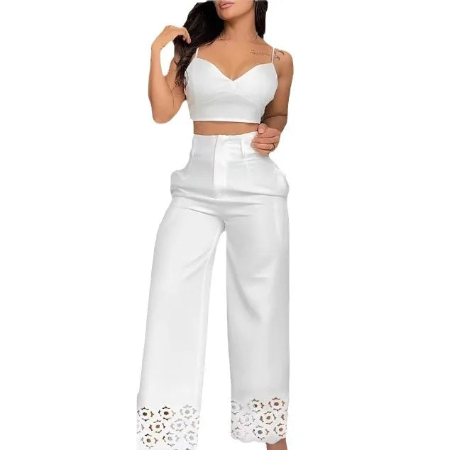 Crop Top & Casual White Hollow Out Wide Leg High Waist Pants Set