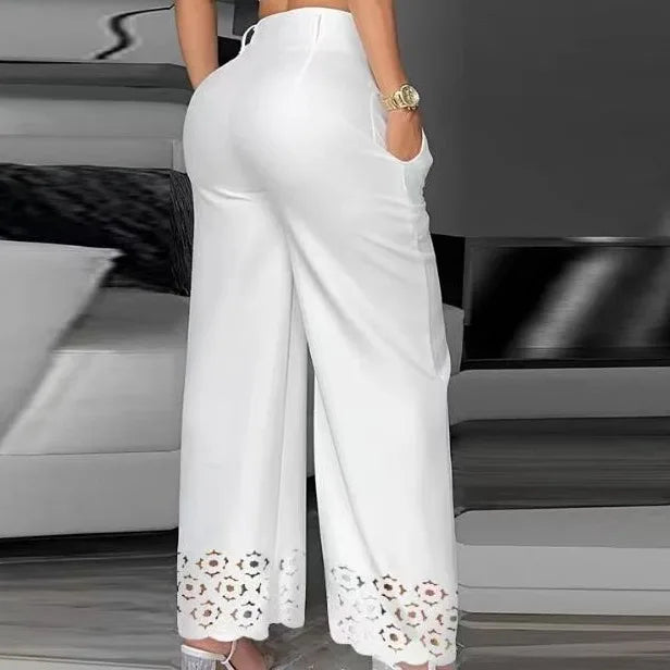 Crop Top & Casual White Hollow Out Wide Leg High Waist Pants Set